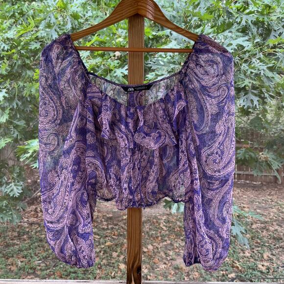 Zara Women's Sheer Purple Paisley Cropped Blouse Size S. NEW - Picture 1 of 9